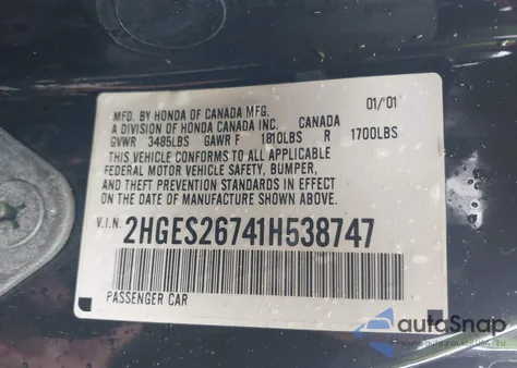 2001 Honda Civic Ex from USA, damaged, VIN 2HGES26741H538747